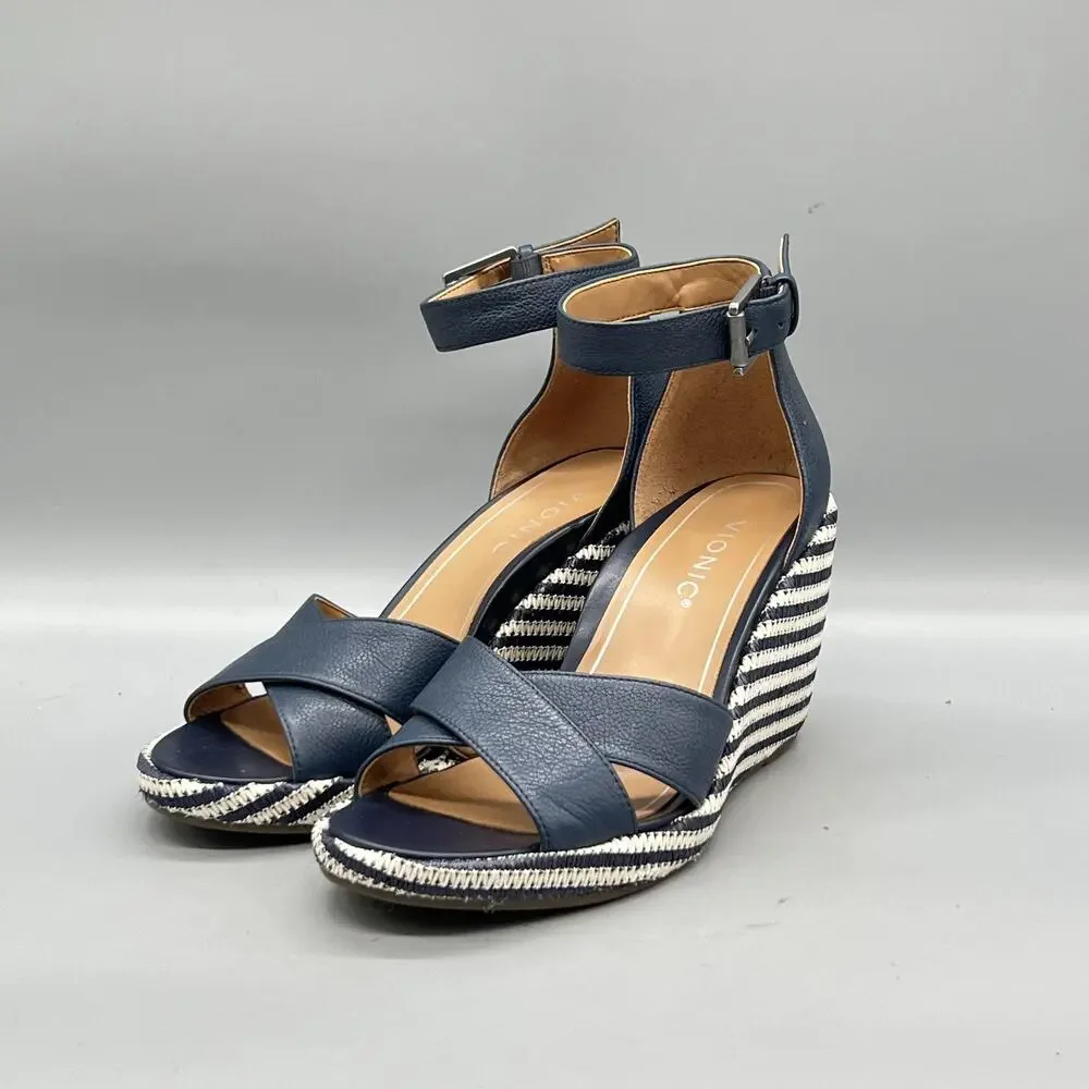 Vionic Sandals Womens 7 Blue Leather Marina Espadrille Ankle Strap Wedge Shoes